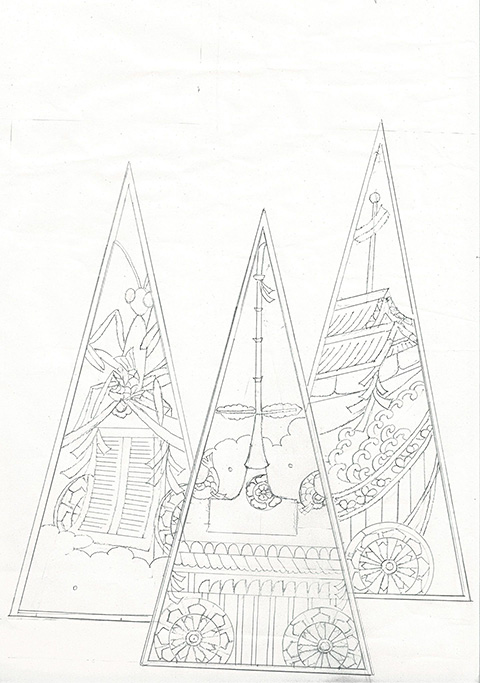 京友禅 金彩体験「トートバッグコース」の柄を紙に描いたラフデザイン